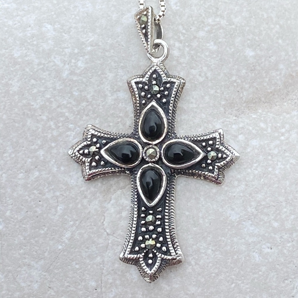 Sterling Silver black onyx with marcasite cross necklace